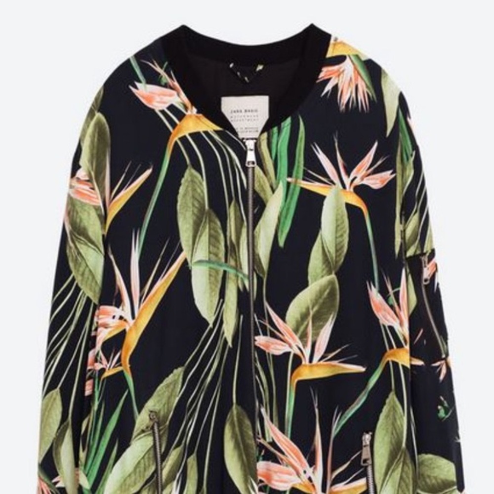 Zara Long Palm Leaf Tropical Print Bomber Jacket SZ M